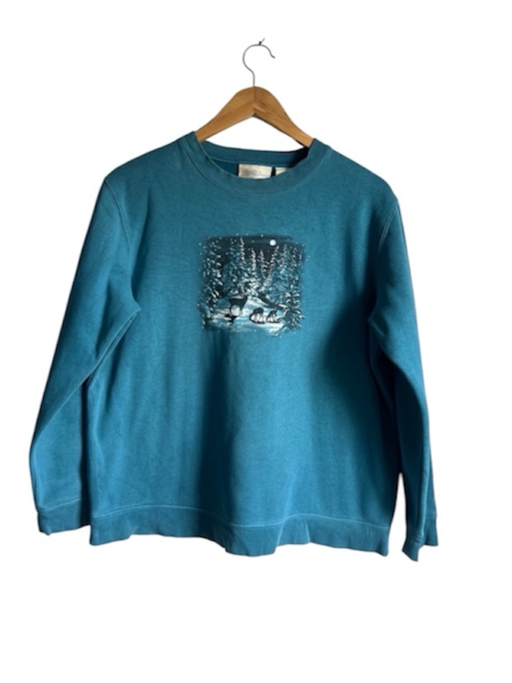 Granola Girl Vintage Teal Wildlife Forest Deer Crewneck Sweatshirt | Medium